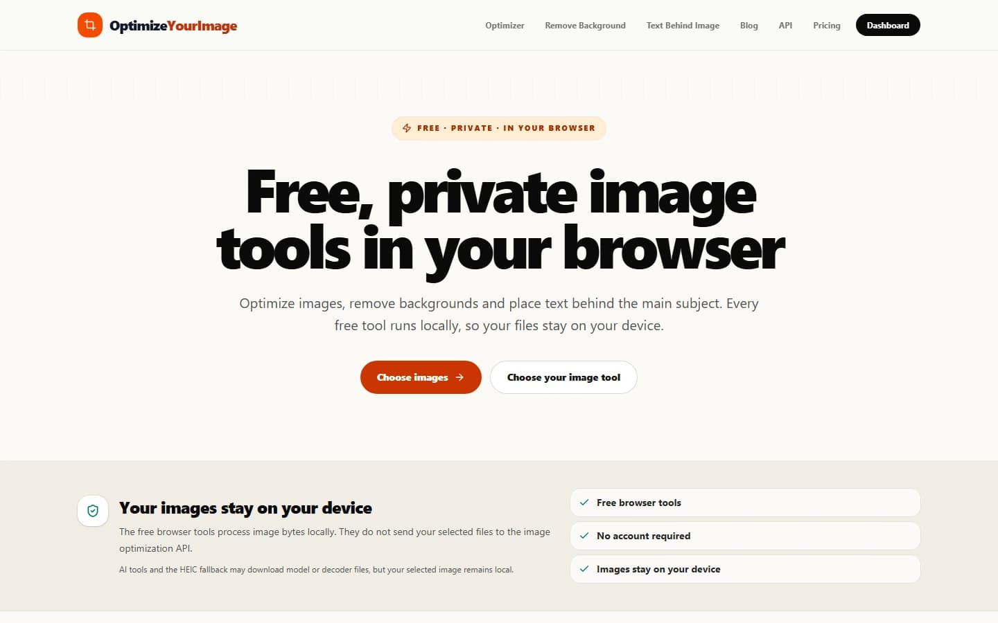 Optimize Your Image landing page presenting free in-browser image tools